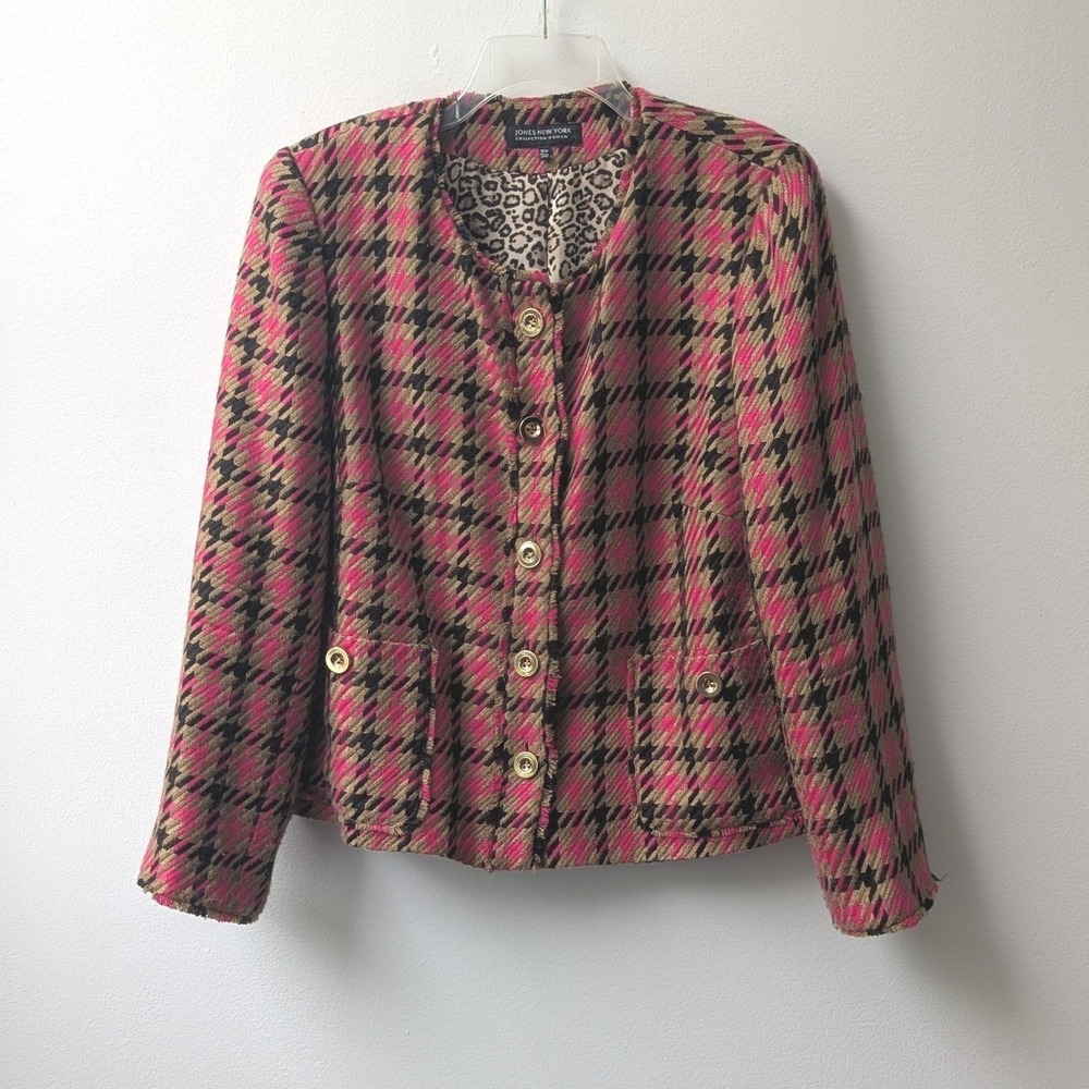Jones New York Blazer Pink Black Tan Houndstooth Leopard Lining 16W Statement